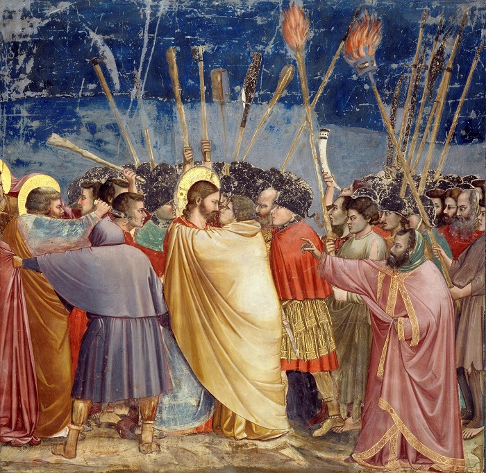 „Целувката на Юда“, Джото, 1303–1305, фреска в параклиса „Скровени“, Падуа, Италия