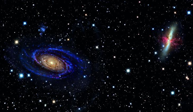 М81 и М82 в съзвездието Голяма мечка са едни от най-ярките галактики, гравитационно свързани помежду си. М81 е спирална, а М82 - неправилна, с интензивни райони на звездообразуване.