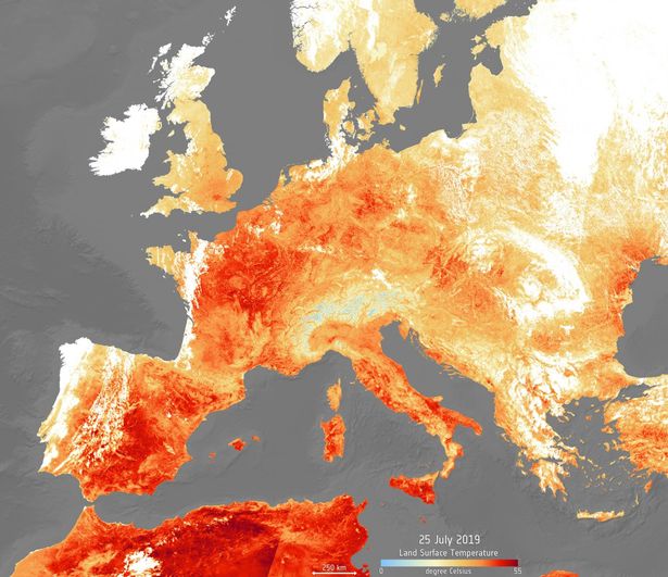 Сателитно изображение на топлинната енергия, излъчвана от Европа на 25 юли 2019 г.