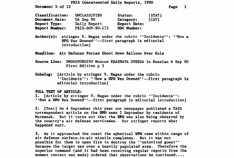 Цялата правителствената документация на САЩ за НЛО обхващаща период от