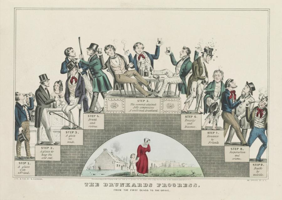 Прогресът на пияницата: от първата чаша до гроба, карикатура от 1846 г., Wikimedia.org
