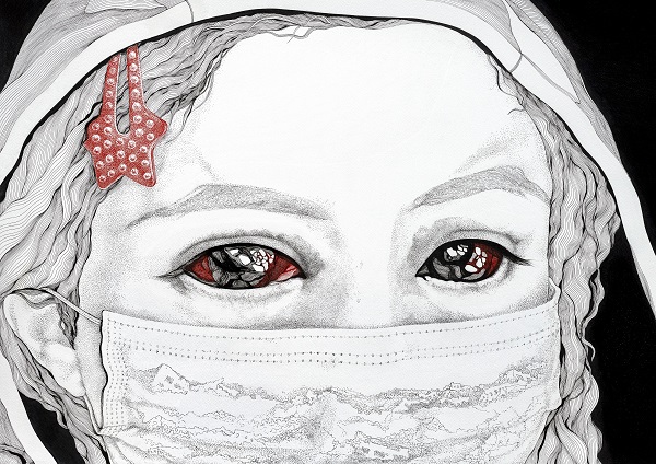 „Амина - Очите на Газа” / 80x53см, туш върху хартия, част от „Децата на Газа -