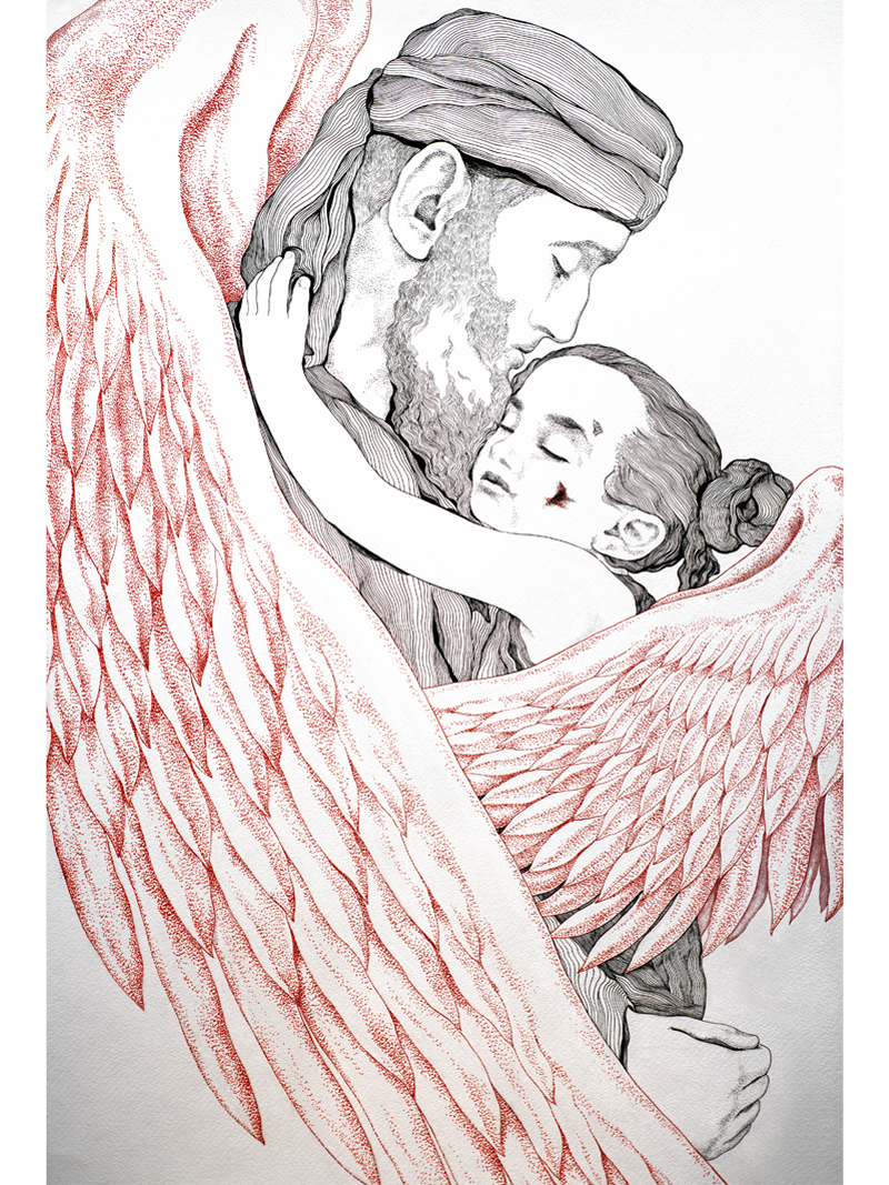 „Душата на нашата душа“, 80 x 53 см, туш върху хартия, част от „Децата на Газа –