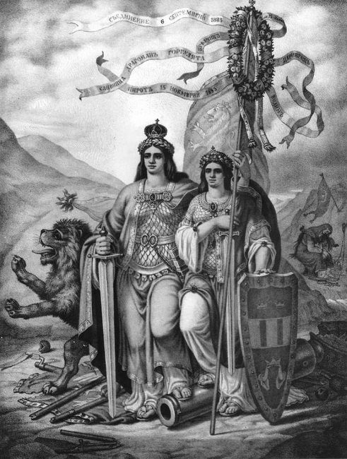 „Съединена България“ (1886 г.), литография на Николай Павлович. Източник: Wikimedia