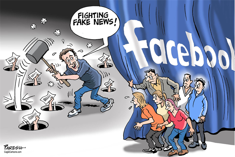 „Марк Зукърбърг: Боря се с фалшивите новини!“ © Карикатура: Пареш Нат